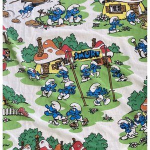 Vintage 1980s Smurfs Sheet Fabric Peyo Super Bright